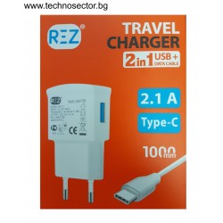 Мрежово зарядно устройство REZ, модел RE-10, 2.1 A, 2 в 1 USB+Data cable+Кабел Type-C, Бял