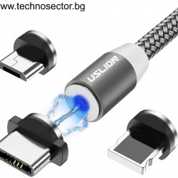 Магнитен кабел USLION, Модел TSE-1105, X-Cable 360°, 3 в 1 - Micro USB, Type-C и Lightning, 3 накрайника, Бързо зареждане